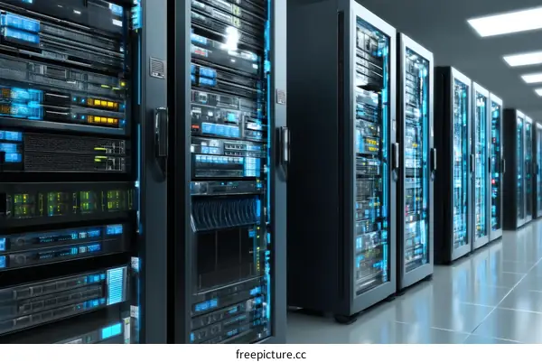 Modern Server Room with Rows of Network Equipment