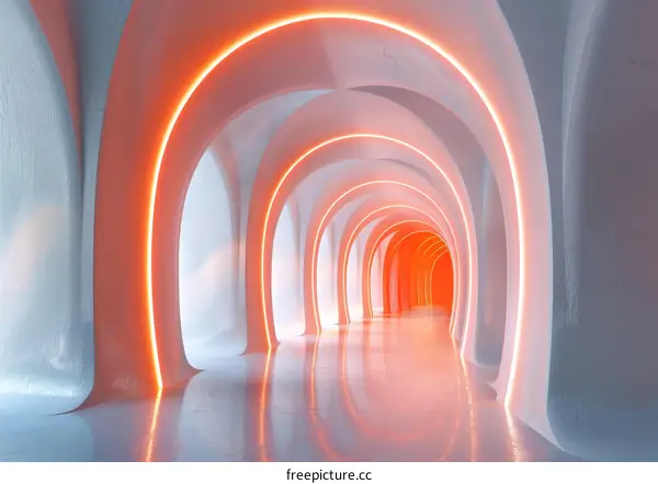 Futuristic Interior with Orange Glowing Arches