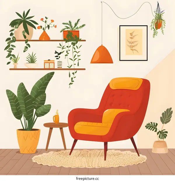 Cozy Living Room Interior Design with Plants and Armchair