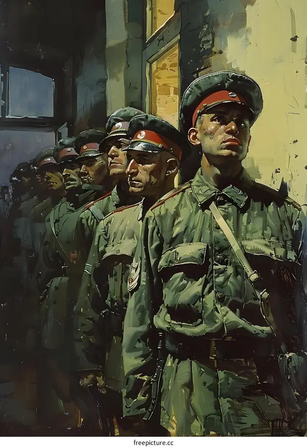 A line of soldiers in green uniform