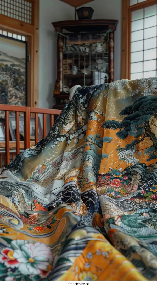 A beautiful picture of a traditional Japanese kimono with delicate embroidery of flowers and birds.