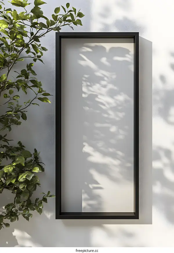 Blank Picture Frame on White Wall with Sunlight Shadow