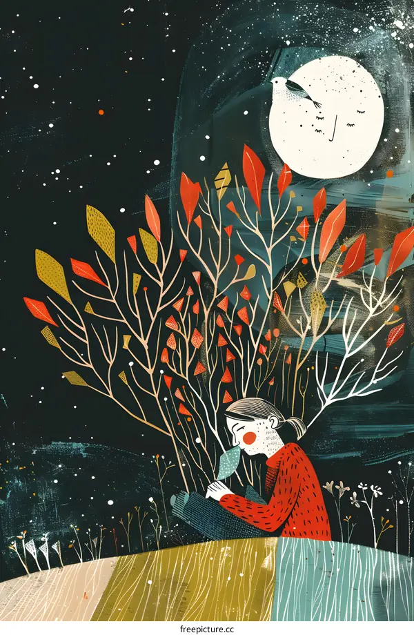 Girl Looking Up at the Moon with a Bird