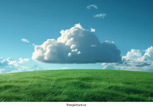 Fluffy Cloudscape Over Green Grassy Hill