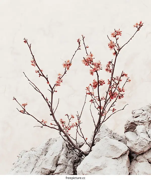 Pink Cherry Blossoms Growing From Rocks