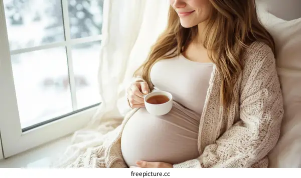Pregnant Woman Enjoying Warm Tea by the Window