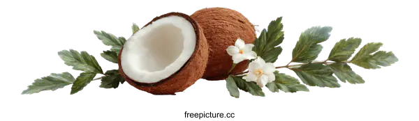[Transparent Background PNG]Fresh Coconut with Leaves and Flowers