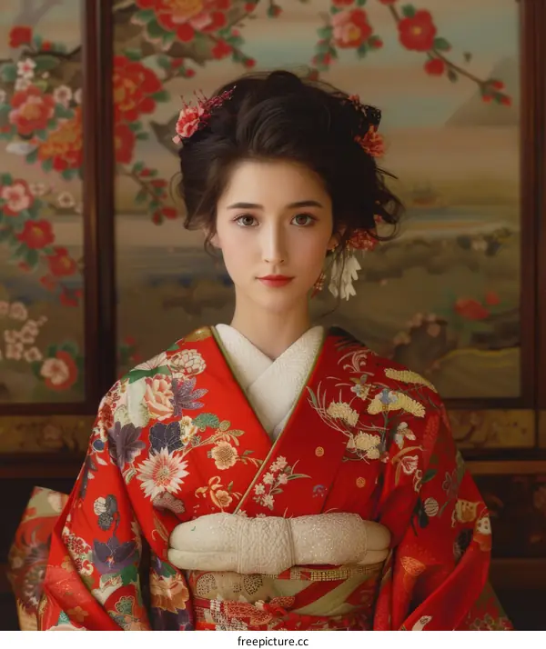 Portrait of a young woman in a red kimono