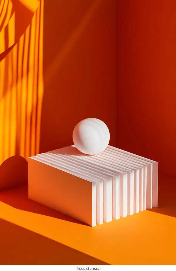 Abstract White Sphere on Orange Stacked Platforms