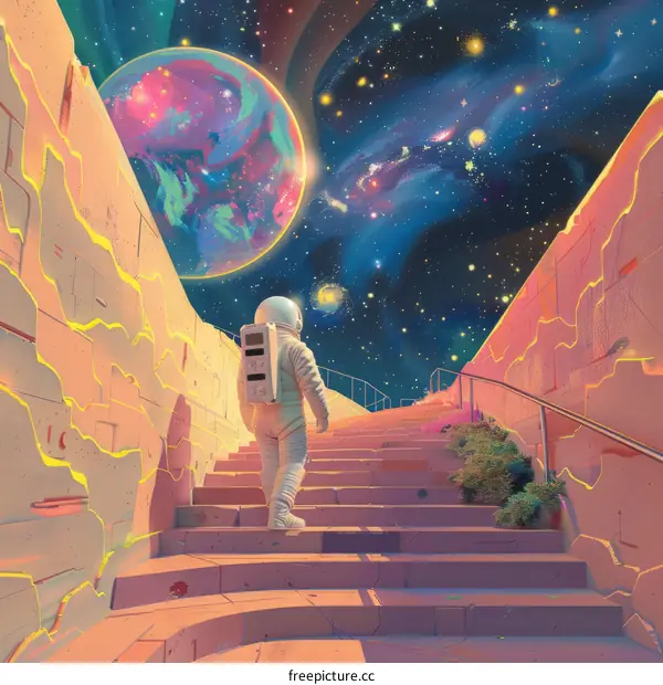 Astronaut walking up a staircase to the stars