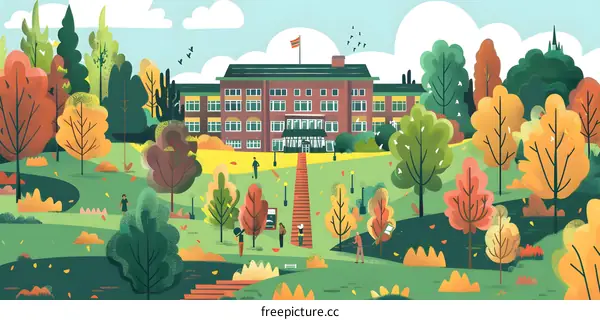 Autumn School Campus Illustration With People Walking Through The Trees