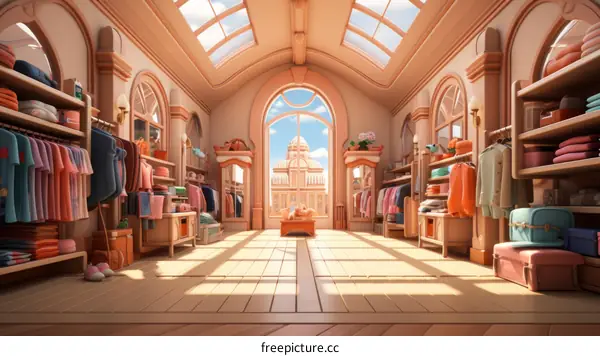A 3D rendering of a boutique with clothes and accessories