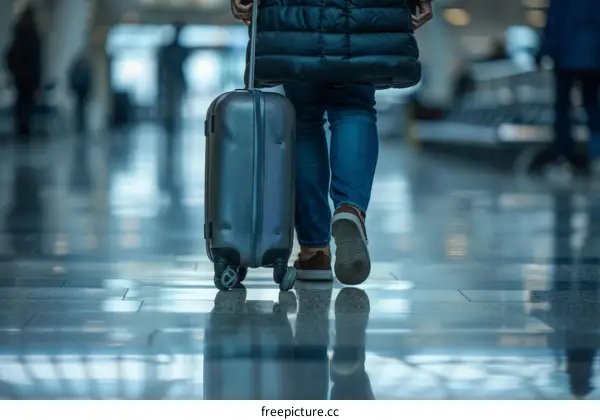 Woman in jeans walking in airport with luggage