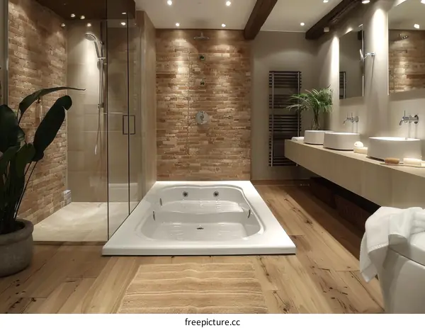 Modern Bathroom with Exposed Brick Wall