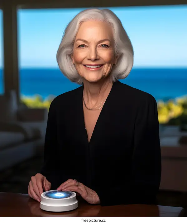 Smiling Senior Woman Holding a Small Device in Her Hands