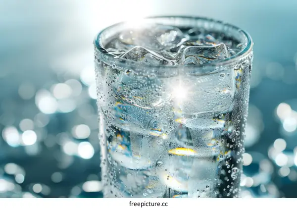 A glass of cold water with ice cubes and condensation on the glass surface