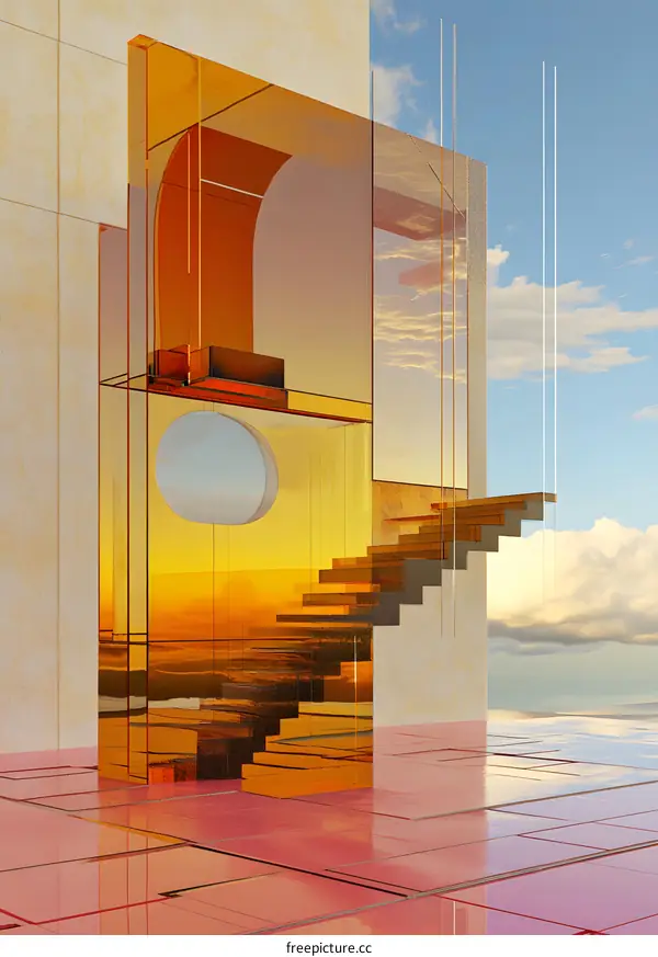 Minimalist Glass Architecture with Stairs Leading Up to the Clouds