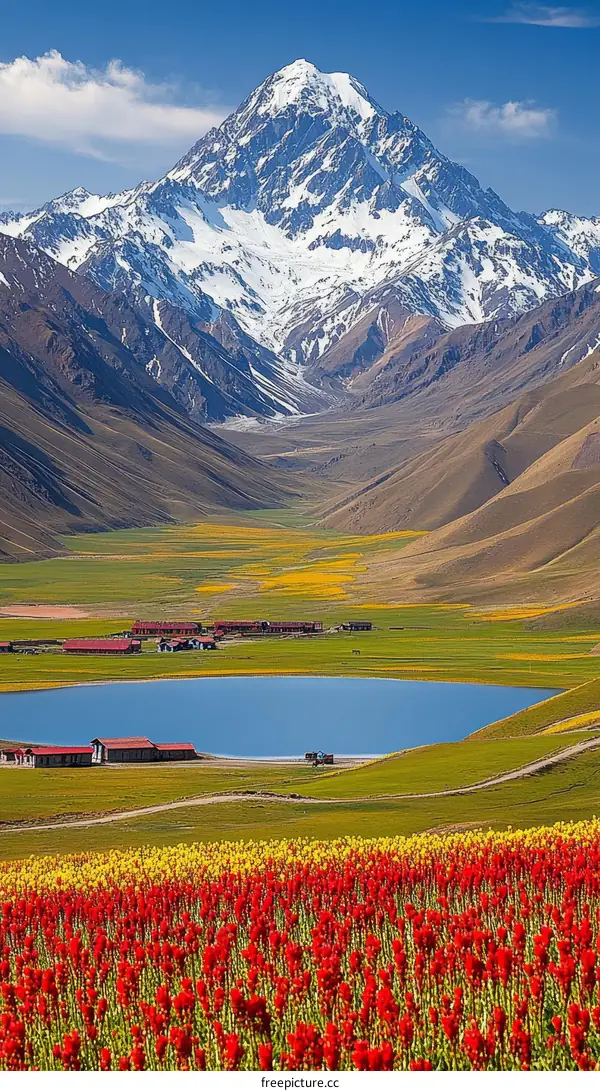 Scenic Mountain Valley with a Lake and Flowers