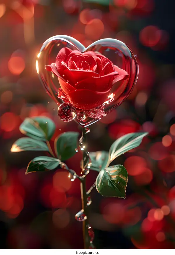 A glass heart-shaped vase with a娇艳欲滴 red rose in it