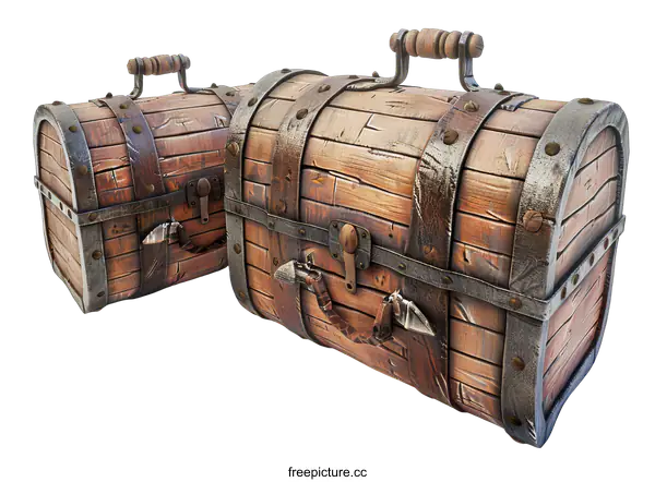 [Transparent Background PNG]Two old wooden treasure chests with metal.