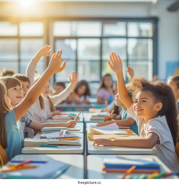Group of multiracial children raising hands in classroom