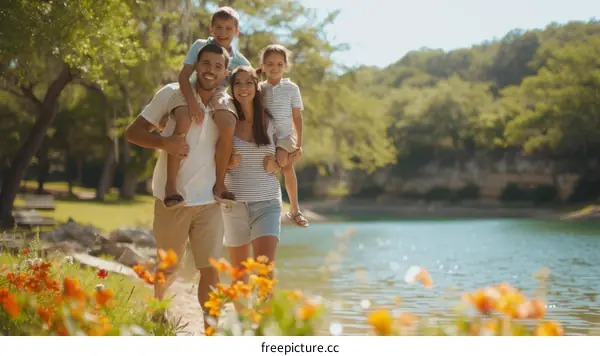 Happy family of four walking in the park near the lake