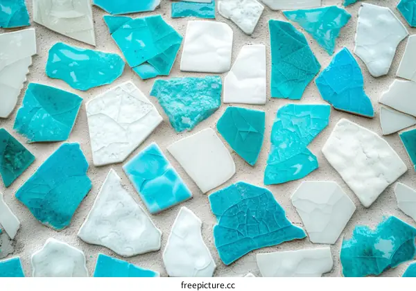 Blue and white mosaic wall tiles in a random pattern