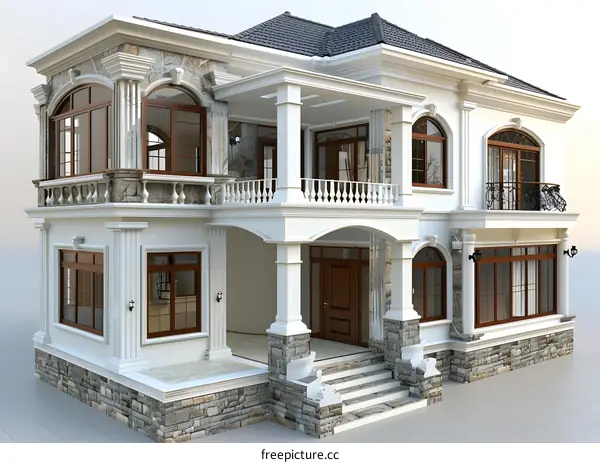 A 3D rendering of a beautiful house with a stone and brick exterior and a grand staircase leading up to the front door