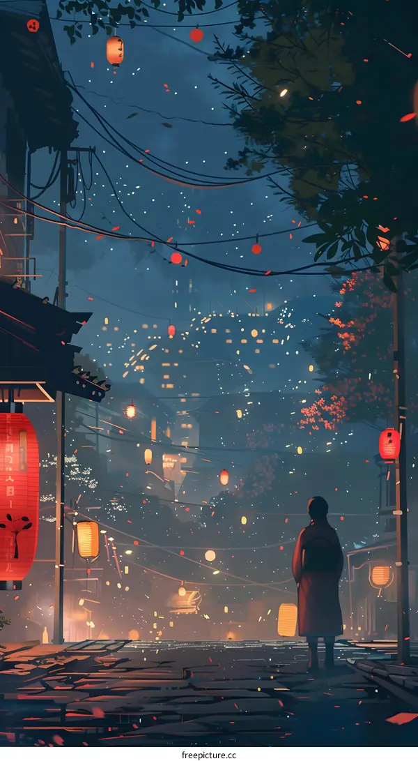 Night Street Scene with Red Lanterns and a Single Person