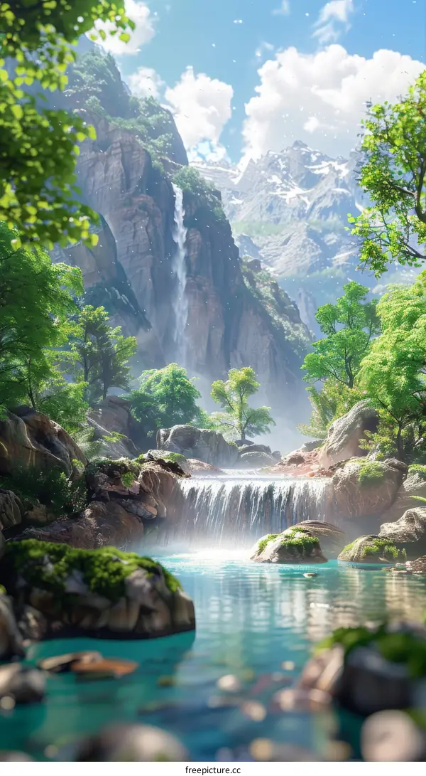 Epic fantasy landscape waterfall mountains lake trees