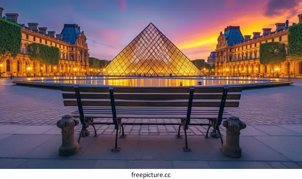 An empty bench in front of the Louvre Museum in Paris, France