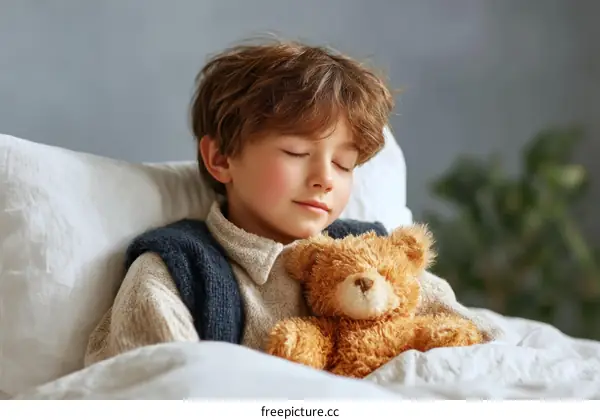 Child Sleeping with Teddy Bear in Bed