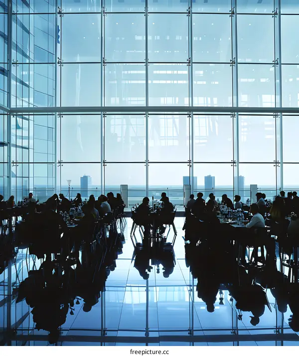 Silhouettes of People Dining by a Large Window