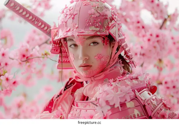 Portrait of a young woman in a pink samurai helmet, surrounded by cherry blossoms