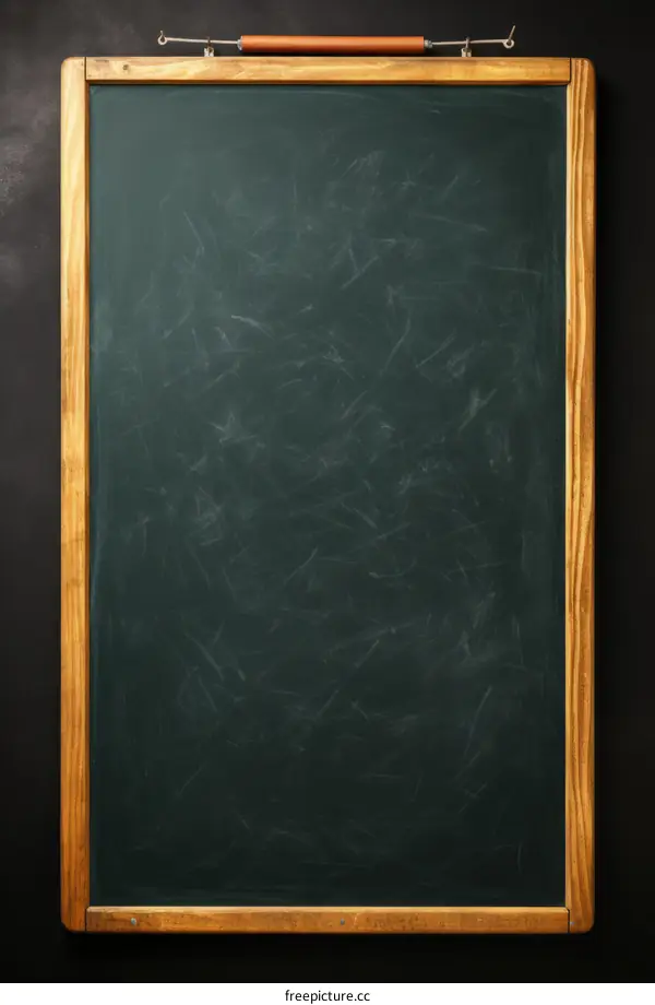 Blank blackboard with wooden frame hanging on black background