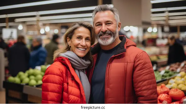 Happy couple shopping for groceries in a supermarket