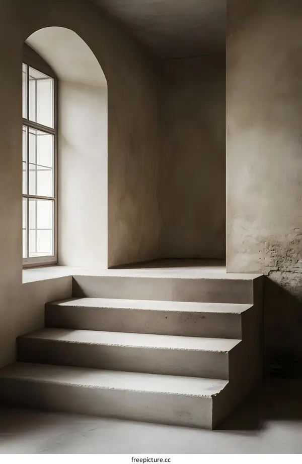 Concrete Stairs Inside A Building With Arched Window