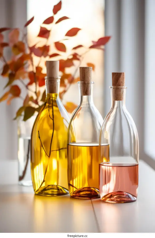 Three bottles of colorful oil with a plant in the background