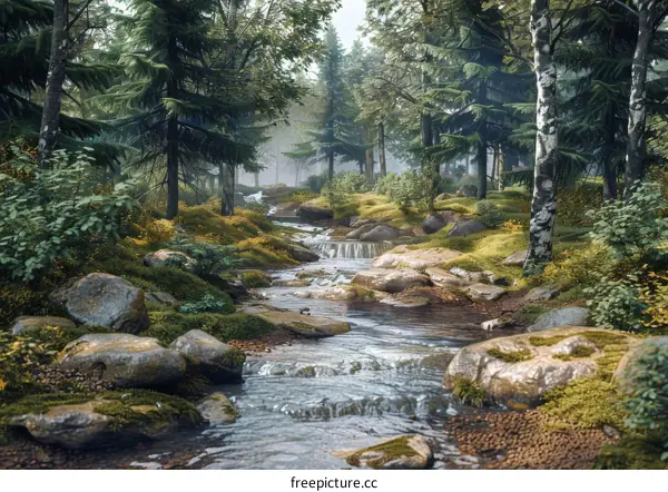 Small River Flowing in a Verdant Forest
