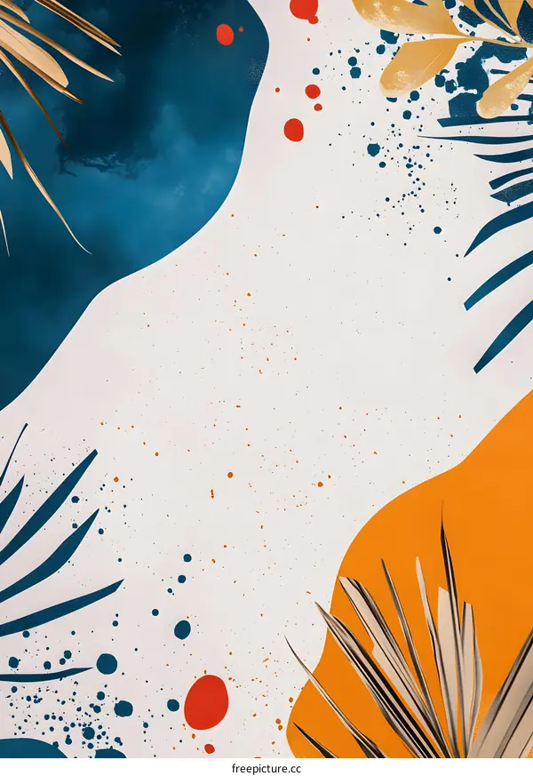 Abstract Tropical Leaves and Paint Splatter Background