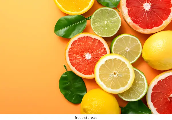 Fresh Citrus Fruits On Orange Background