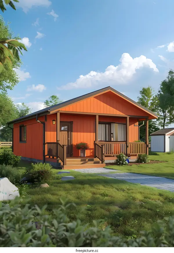 Orange Modern Cabin with Wooden Deck and Steps