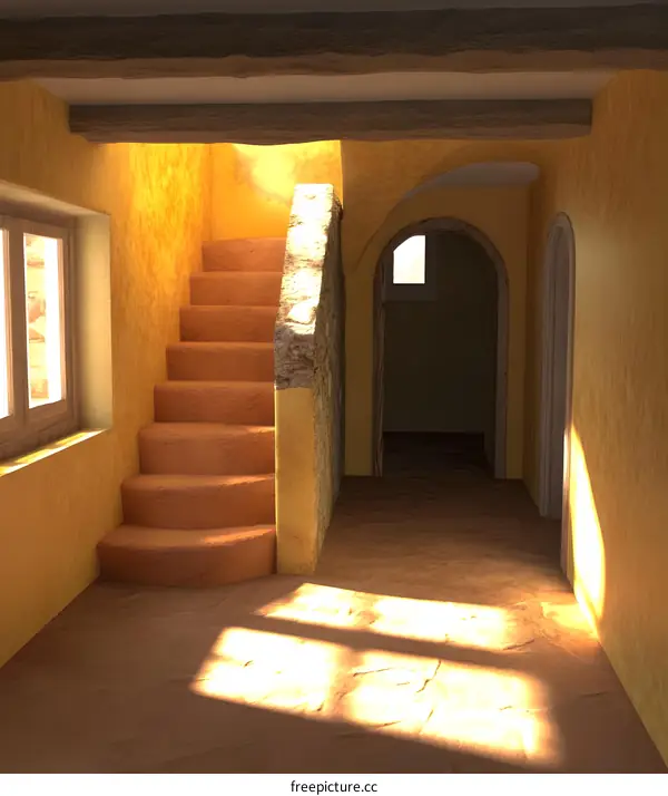 Rustic Interior Design with Stone Staircase and Yellow Walls