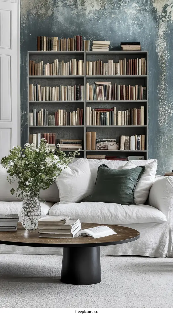 Modern Living Room with Bookshelves and Sofa