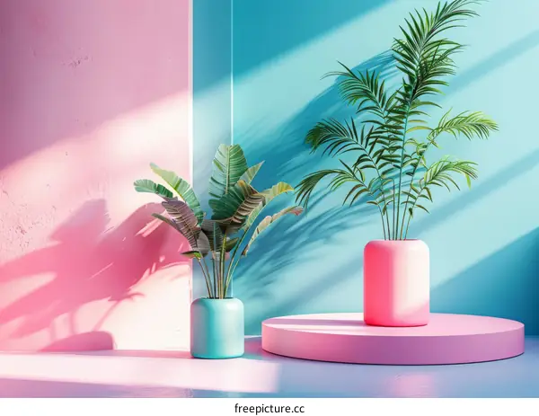 Minimalistic Scene with Palm Trees and Podium