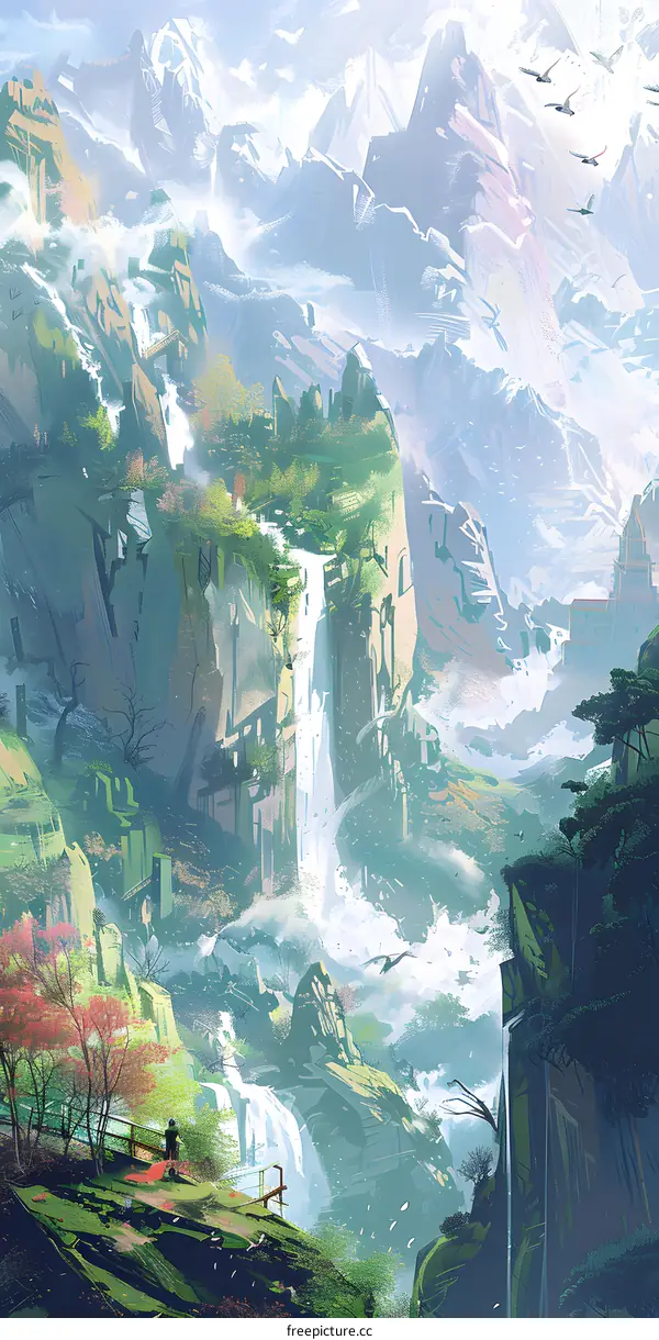 Fantasy Mountain Landscape with Waterfall and Birds