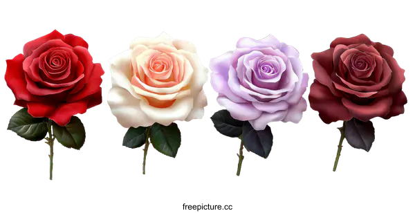 [Transparent Background PNG]Four Vibrant Roses in Different Shades