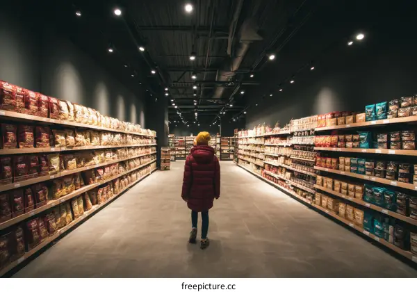 Modern Grocery Store Interior with Shopper