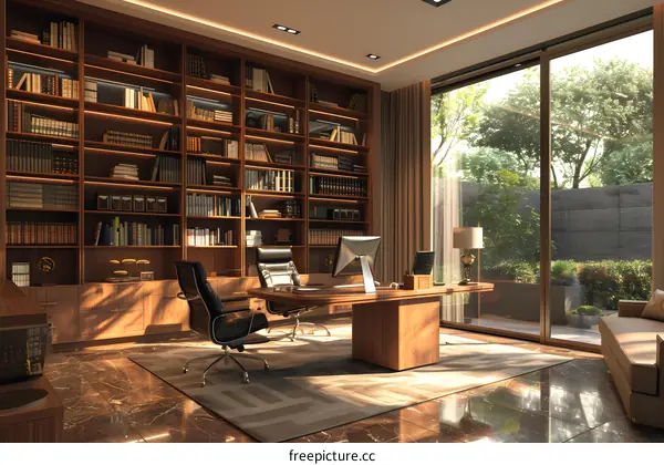 Luxury home office with large windows and a beautiful view