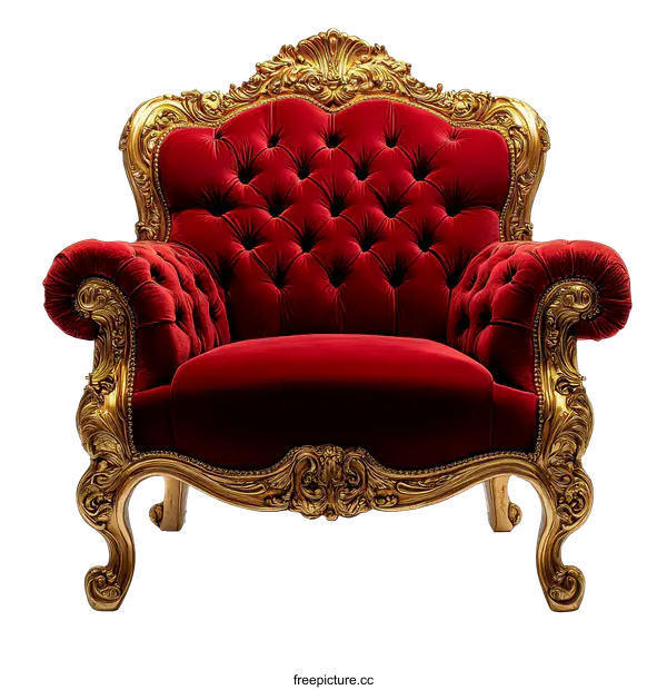 [Transparent Background PNG]Luxurious Gold-Framed Red Velvet Armchair